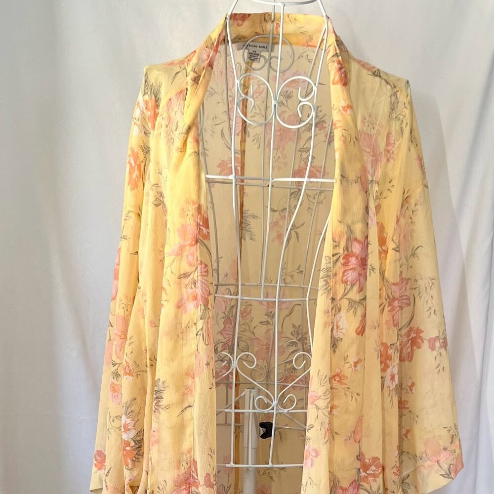 American Eagle Yellow Floral Chiffon Translucent cardigan